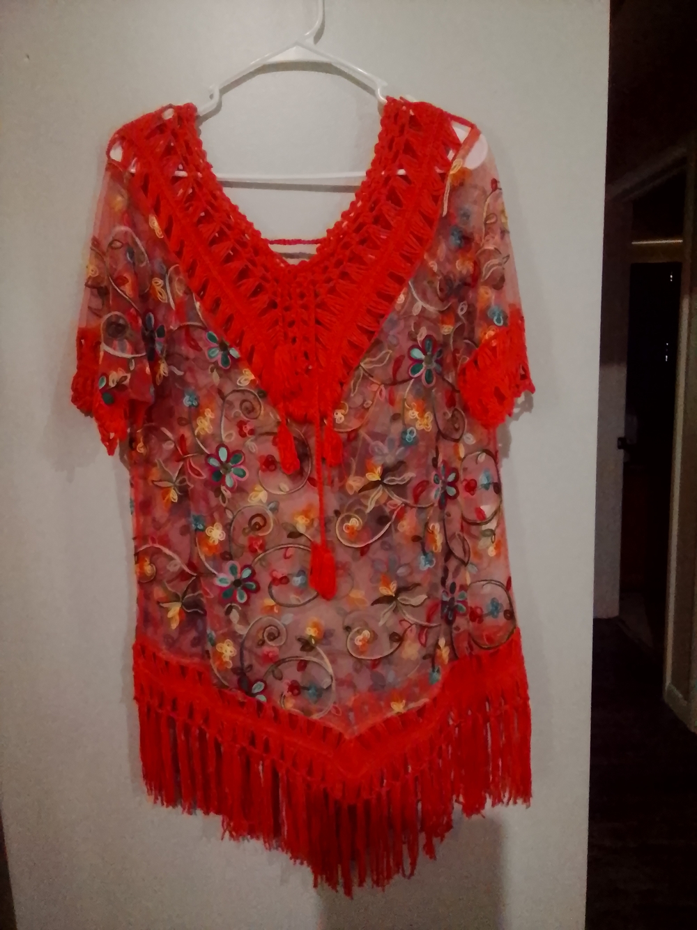 Vibrant Red Crochet & Embroidered Floral Swim Coverup with Fringe